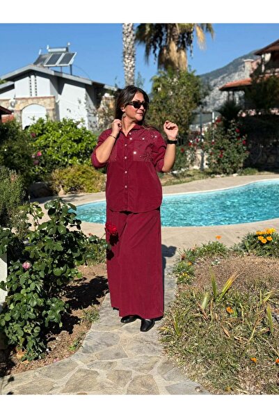 Punta Otantik Nc25446 Italian Velvet Sequin Pants Blouse Set Burgundy