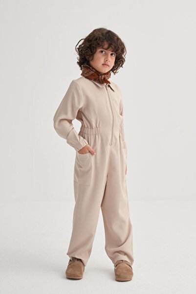 Cigit TENCEL™ Front Zipper Jumpsuit 2-7 Years Old Beige