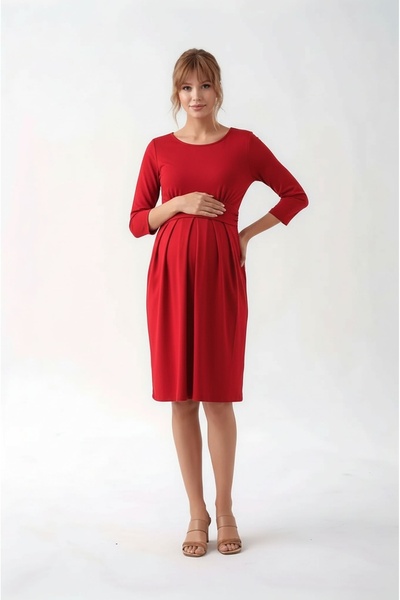 MAMAYAGA Women's Crew Neck Suitable for Hijab Long Sleeve Viscose Stylish Maternity Dress with Hidden Nursing Section