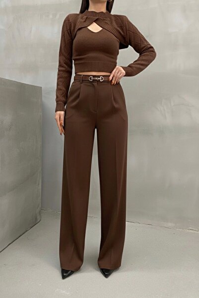 TİSHOOSTORE Belted High Waist Brown Fabric Palazzo Pants