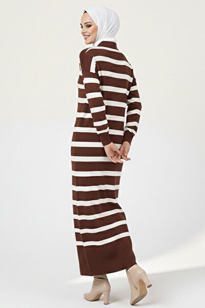 benguen Striped Knit Dress with Button Detail at the Collar 11031-1 Brown