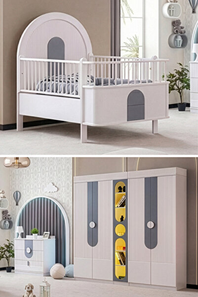 Setay Venüs Çocuk Odası Takımı, Venüs Büyüyen Beşik, Vira 4 Kapaklı Kitaplıklı Dolap, Şifonyer - Gri