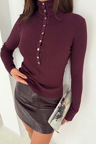 Noi Belis Premium İplik D Mock Neck Half Placket Button Knitwear Sweater Aw25Kz0116