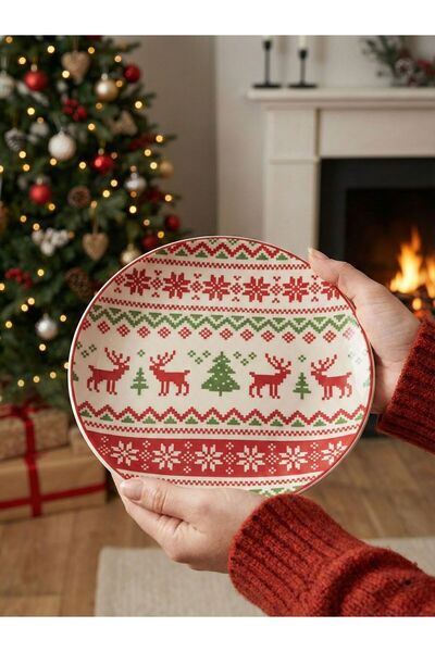 maisone home Set of 6 New Year's Ceramic Cake Plates |   21 cm Nordic Deer Pa...