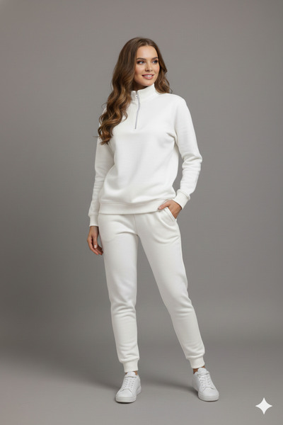 LiyAdaCo Unisex White Half Zipper Bottom Top Tracksuit Set