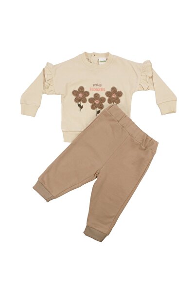 bebegen طقم مكون من قطعتين مطرز بالزهور باللون البني الإيكروي للفتيات الصغيرات