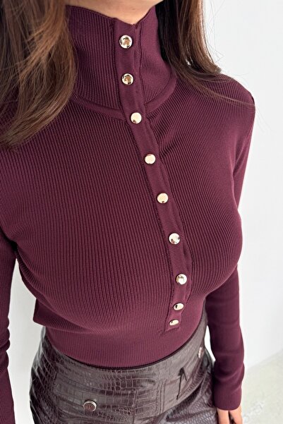 Noi Belis Premium İplik D Mock Neck Half Placket Button Knitwear Sweater Aw25Kz0116