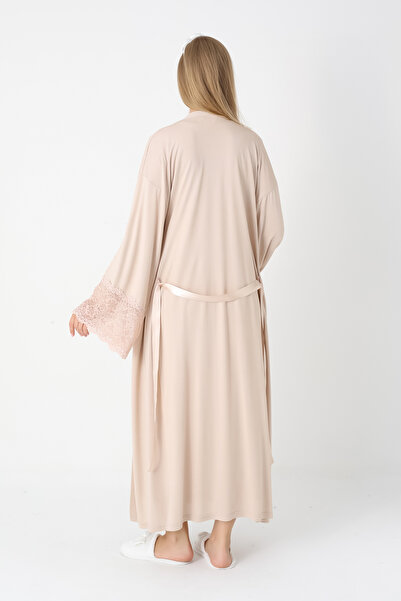 ERDENİZ TEKSTİL Lace Sleeve Maternity Nightgown and Robe Set Viscose Cotton - Pomegranate Flower and Mink
