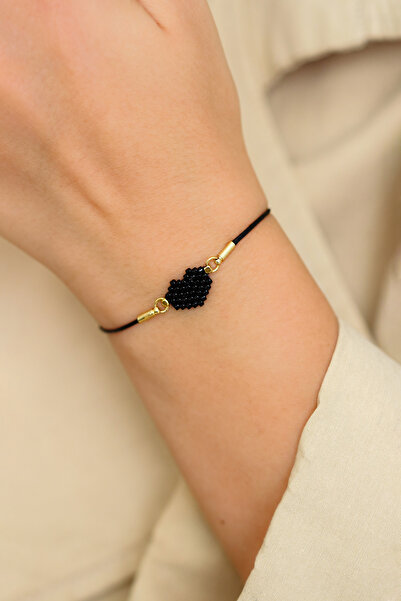 Kübüşün Atölyesi Ka-023 Miyuki Bracelet - Heart Collection - Mini Heart Black