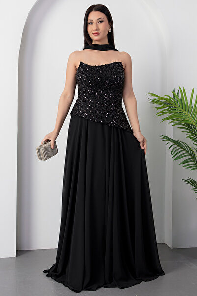 PULLIMM Rochie de seară din șifon, fără bretele, cu paiete, ECR5701