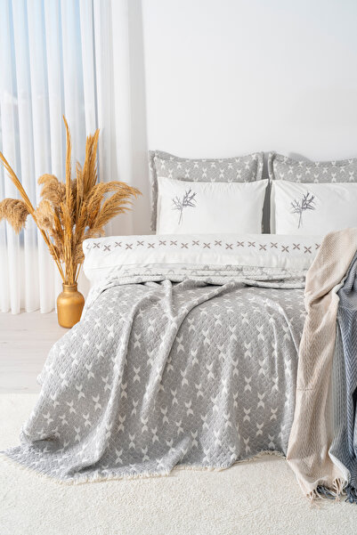 Rivaİstanbul Fashion Gray Embroidered Double Duvet Cover Set - 8 Piece Dowry Set
