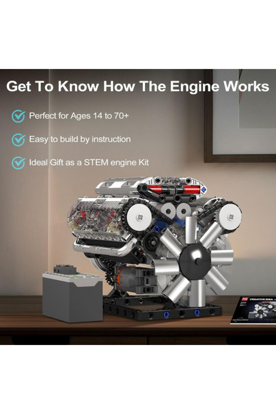 IQ Toys Classic V8 Engine, STEM Kit with Real Design and Functions, 552 pieces, battery operated
