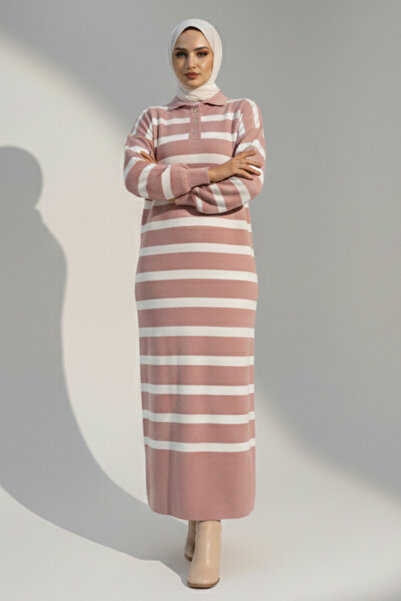 benguen Striped Knit Dress with Button Detail at the Collar 11031-1 Powder
