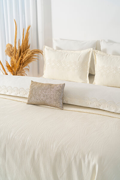 Rivaİstanbul İlay Ecru Embroidered Double Duvet Cover Set - 8 Piece Dowry Set