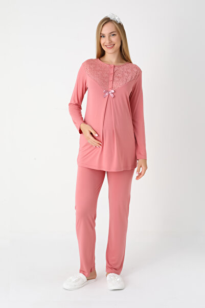 ERDENİZ TEKSTİL Maternity Lace Detailed Sleeve Maternity Pajamas Dressing Gown Set - Cotton Viscose Pomegranate Flower and Beige