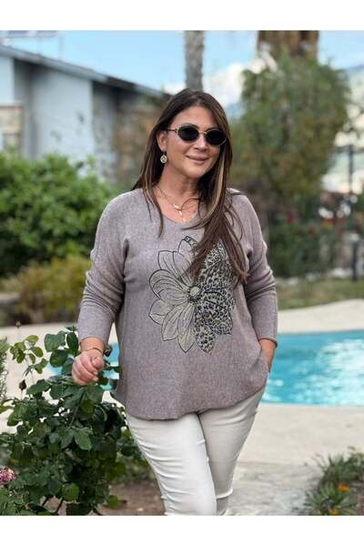 Punta Otantik Yg8024 Floral Patterned Stone Italian Knitwear Blouse Mink