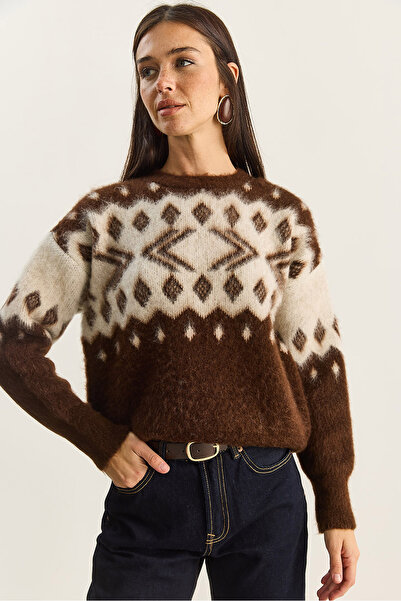 Bianco Lucci Pulover tricotat cu căptușeală din fleece cu model guler rotund pentru femei 20251117