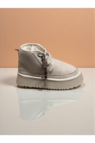 Jarrox Icon Beige Women's Boots with Bead Accessories, Suede Look, Fur Lining Inside, Poly Sole