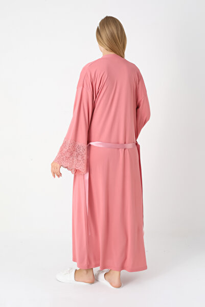 ERDENİZ TEKSTİL Lace Sleeve Maternity Nightgown and Robe Set Viscose Cotton - Pomegranate Flower and Mink