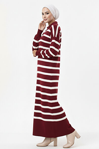 benguen Striped Knit Dress with Button Detail at the Collar 11031-1 Claret Red