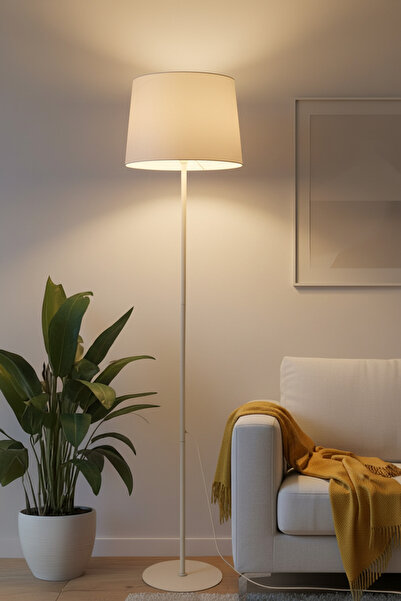 Marrien Cora Krem Metal Ayaklı Bohem Lambader 145 cm Kumaş Başlıklı Salon Yatak Odası Köşe Aydınlatma