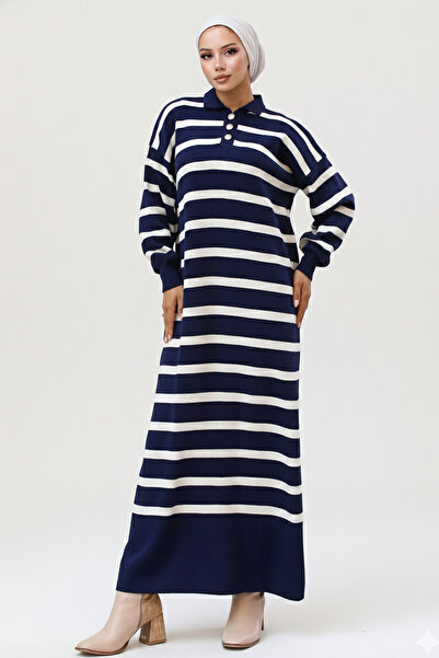 benguen Striped Knitwear Dress with Button Detail on the Collar 11031-1 Navy Blue
