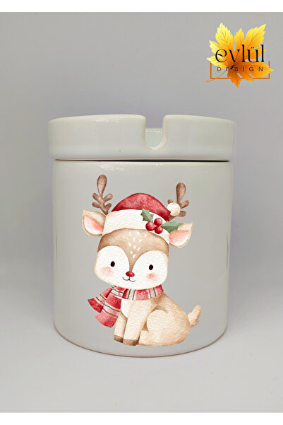 Eylül Design غزال لطيف مع قبعة رأس السنة مطبوع، منفضة سجائر سيراميكية بدون رائحة