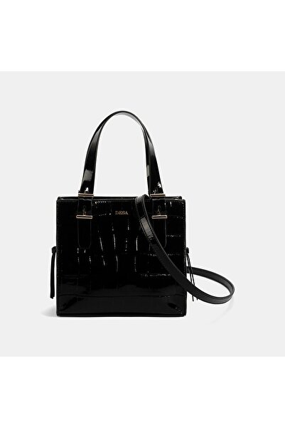 Desa Women's Black Crocodile Printed Patent Leather Handbag