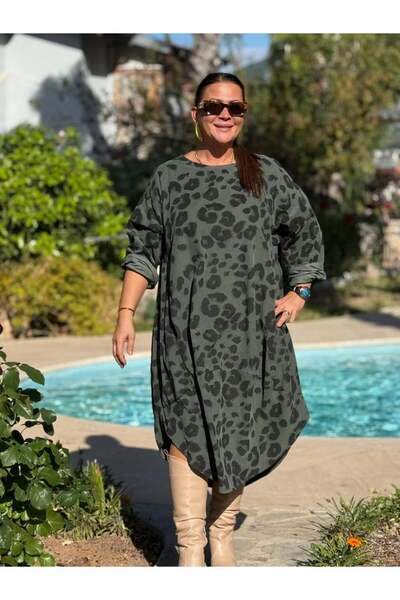 Punta Otantik Yg12231 Leopard Print Italian Velvet Dress Khaki