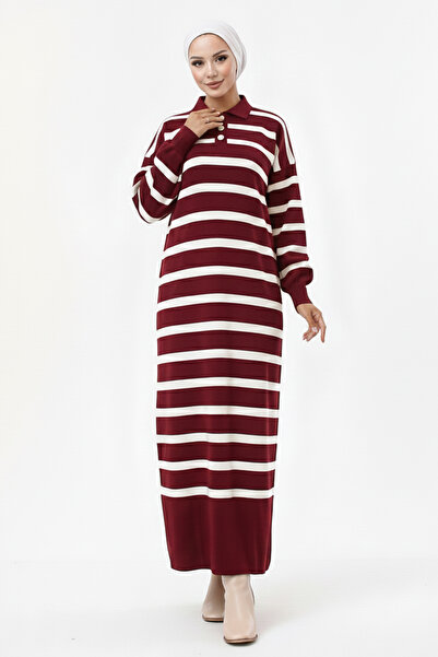 benguen Striped Knit Dress with Button Detail at the Collar 11031-1 Claret Red