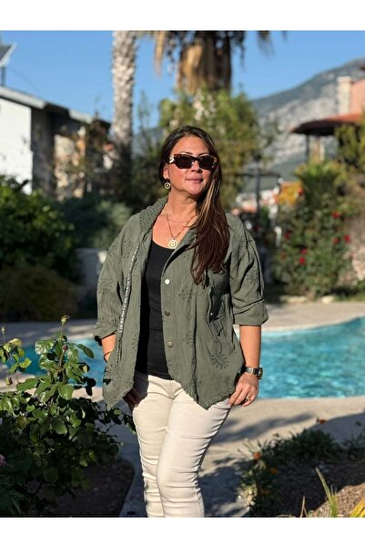 Punta Otantik Yg25068 Hooded Lace-Up Buttoned Italian Denim Jacket Khaki