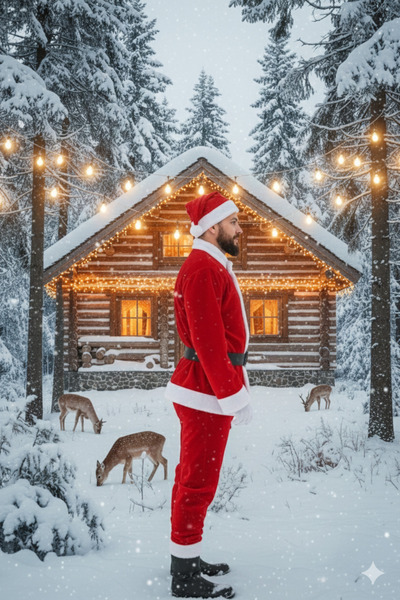 Parti Kırtasiye Men's Santa Claus Costume Red White Plush Detailed Christmas Party Winter Celebration Outfit Set