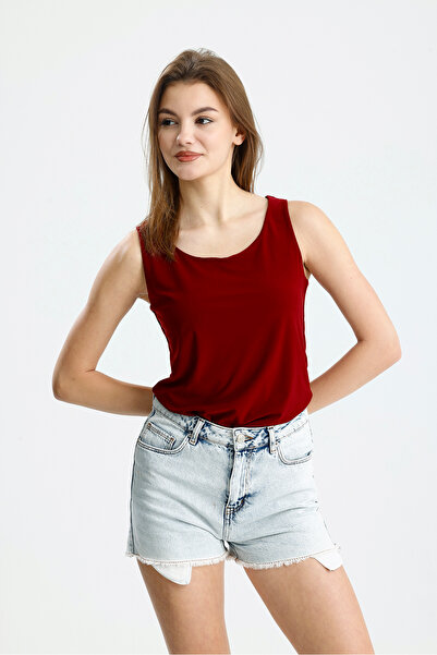 schlank Women's Burgundy Plain Zero Sleeve Pool Neck Sandy Fabric Blouse