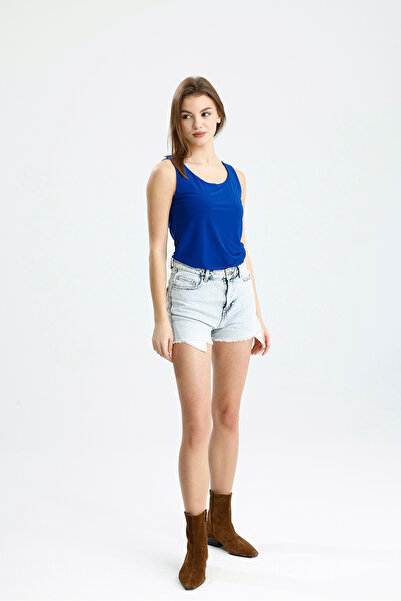 schlank Bluză de damă, albastră, simplă, cu mâneci zero, cu guler, din țesătură Sandy