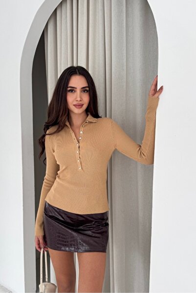 Noi Belis Premium İplik D Mock Neck Half Placket Button Knitwear Sweater Aw25...