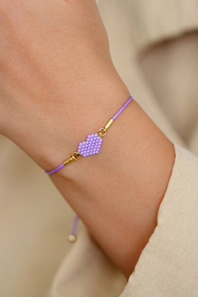 Kübüşün Atölyesi Ka-023 Miyuki Bracelet - Heart Collection - Mini Heart Purple