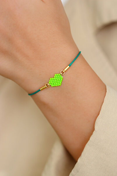 Kübüşün Atölyesi Ka-023 Miyuki Bracelet - Heart Collection - Mini Heart Green