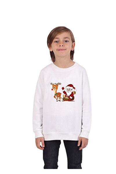 Rekormoda Christmas Printed Sweatshirt Girls-Boys Children's Christmas Themed Crew Neck 3-Thread Fleece-Lined 5-10 Years Old Ecru