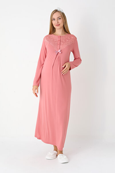 ERDENİZ TEKSTİL Lace Sleeve Maternity Nightgown and Robe Set Viscose Cotton - Pomegranate Flower and Mink