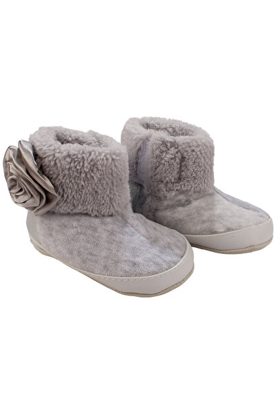bebegen حذاء بناتي رمادي اللون من الفرو والورد مع شريط فيلكرو