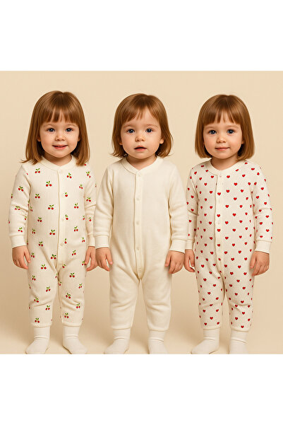 BEBEXO KIDS Kız Bebek Tulum Seti 3'Lü Takım Kalp Kiraz Baskılı Fitilli Çıtçıt...