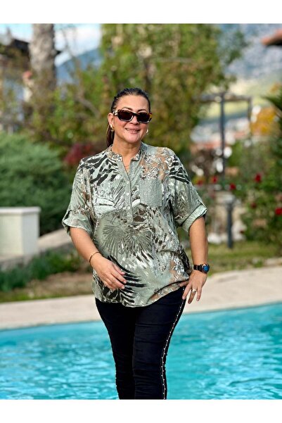 Punta Otantik Nc15404 Patterned Italian Cotton Blouse Khaki