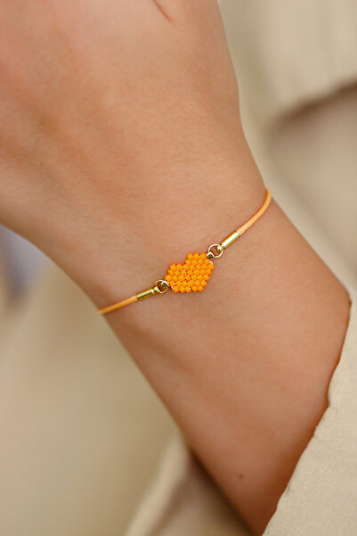 Kübüşün Atölyesi Ka-023 Miyuki Bracelet - Heart Collection - Mini Heart Orange