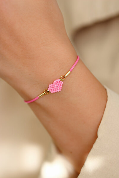 Kübüşün Atölyesi Ka-023 Miyuki Bracelet - Heart Collection - Mini Heart Pink