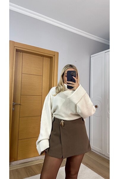 GYUCCE Kadın Kahverengi Gold Tokalı Şort Etek – Yüksek Bel