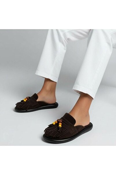 NE&VE SHOES Brown Suede Genuine Leather Beaded Women's Saba Slippers