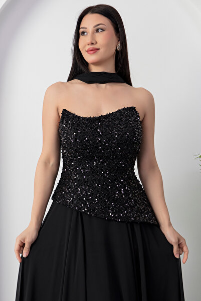 PULLIMM Rochie de seară din șifon, fără bretele, cu paiete, ECR5701