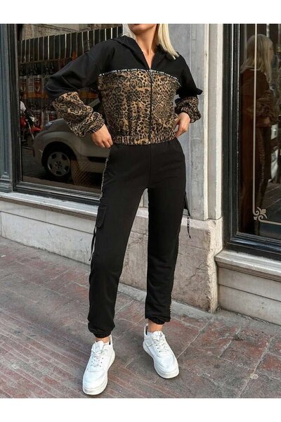 Kokosh moda Women's Long Sleeve Hooded Leopard Print Viscose Two Thread Blouse and Pants Two Piece Set