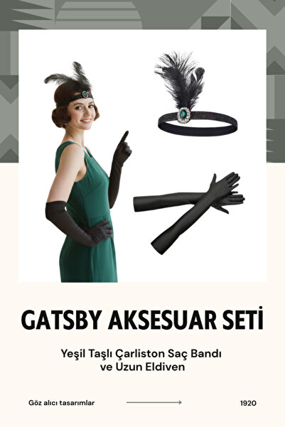 shop 1920'ler Gatsby Temalı Parti Seti - Yeşil Taşlı Siyah Tüy Detaylı Taç ve...