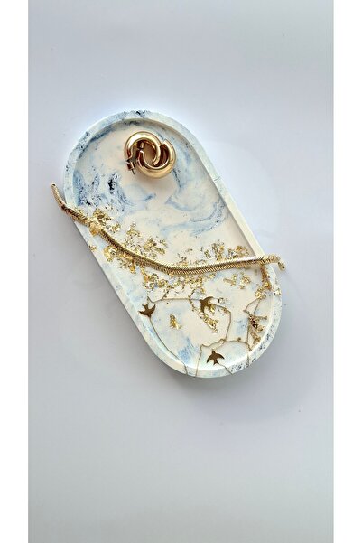 Lavinyum Dekoratif Oval Gold Mermer Desenli Takı Tabağı, Varaklı Mumluk Tütsülük Biblo Sunumluk Tepsi